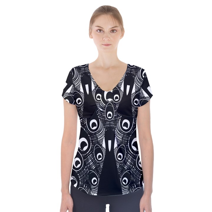 Peacock Bird Animal Feather Short Sleeve Front Detail Top