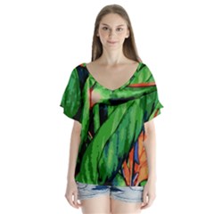 Flowers Art Beautiful V-neck Flutter Sleeve Top by Celenk