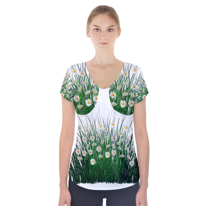 Spring Flowers Grass Meadow Plant Short Sleeve Front Detail Top