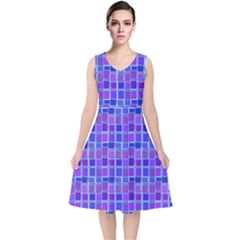 Background Mosaic Purple Blue V-neck Midi Sleeveless Dress 