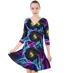 Abstract Art Color Design Lines Quarter Sleeve Front Wrap Dress	