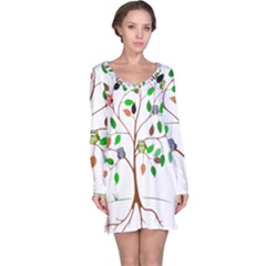 Tree Root Leaves Owls Green Brown Long Sleeve Nightdress by Celenk