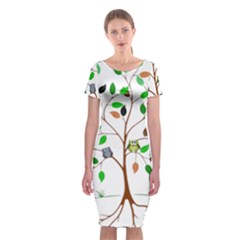 Tree Root Leaves Owls Green Brown Classic Short Sleeve Midi Dress by Celenk