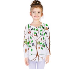 Tree Root Leaves Owls Green Brown Kids  Long Sleeve Tee