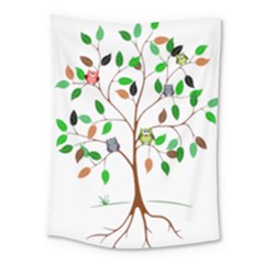 Tree Root Leaves Owls Green Brown Medium Tapestry by Celenk