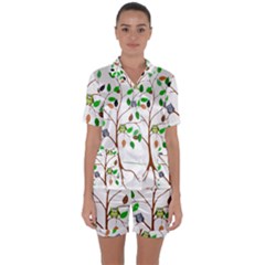 Tree Root Leaves Owls Green Brown Satin Short Sleeve Pyjamas Set by Celenk