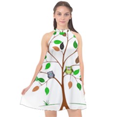 Tree Root Leaves Owls Green Brown Halter Neckline Chiffon Dress  by Celenk