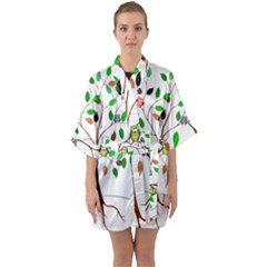 Tree Root Leaves Owls Green Brown Quarter Sleeve Kimono Robe by Celenk