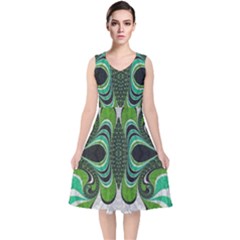 Fractal Art Green Pattern Design V-neck Midi Sleeveless Dress  by Celenk