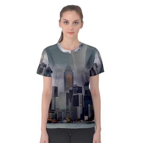 Tornado Storm Lightning Skyline Women s Sport Mesh Tee by Celenk