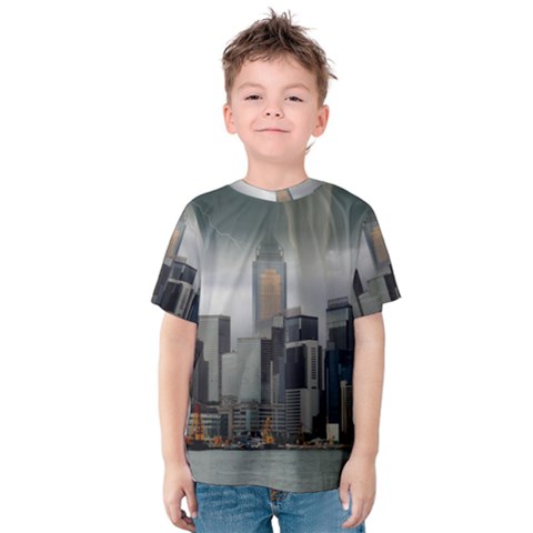 Tornado Storm Lightning Skyline Kids  Cotton Tee by Celenk