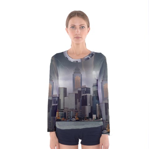 Tornado Storm Lightning Skyline Women s Long Sleeve Tee by Celenk