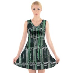 Printed Circuit Board Circuits V-neck Sleeveless Skater Dress by Celenk