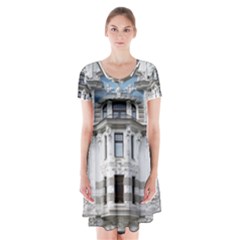 Squad Latvia Architecture Short Sleeve V-neck Flare Dress by Celenk