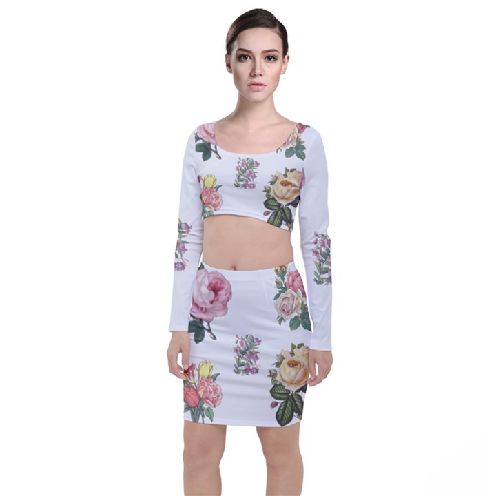 Rose Flowers Campanula Bellflower Long Sleeve Crop Top & Bodycon Skirt Set