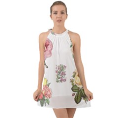 Rose Flowers Campanula Bellflower Halter Tie Back Chiffon Dress