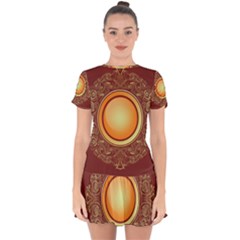 Badge Gilding Sun Red Oriental Drop Hem Mini Chiffon Dress by Celenk