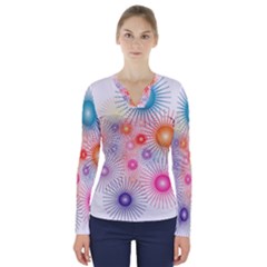 Stars Fireworks Colors V-neck Long Sleeve Top by Celenk