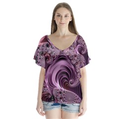 Abstract Art Fractal V-neck Flutter Sleeve Top by Celenk