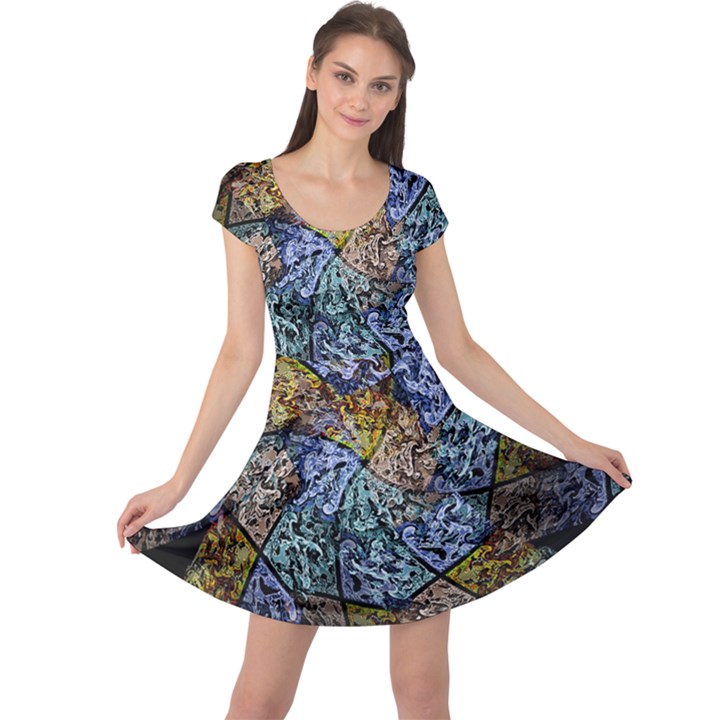 Multi Color Tile Twirl Octagon Cap Sleeve Dress