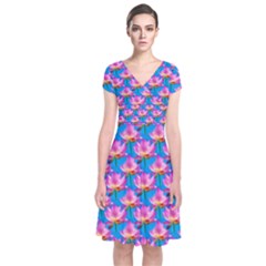 Seamless Flower Pattern Colorful Short Sleeve Front Wrap Dress by Celenk