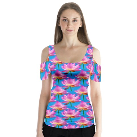 Seamless Flower Pattern Colorful Butterfly Sleeve Cutout Tee  by Celenk