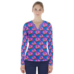 Seamless Flower Pattern Colorful V-neck Long Sleeve Top by Celenk