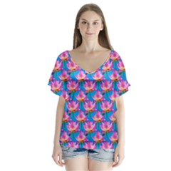 Seamless Flower Pattern Colorful V-neck Flutter Sleeve Top by Celenk