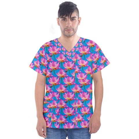 Seamless Flower Pattern Colorful Men s V-neck Scrub Top by Celenk