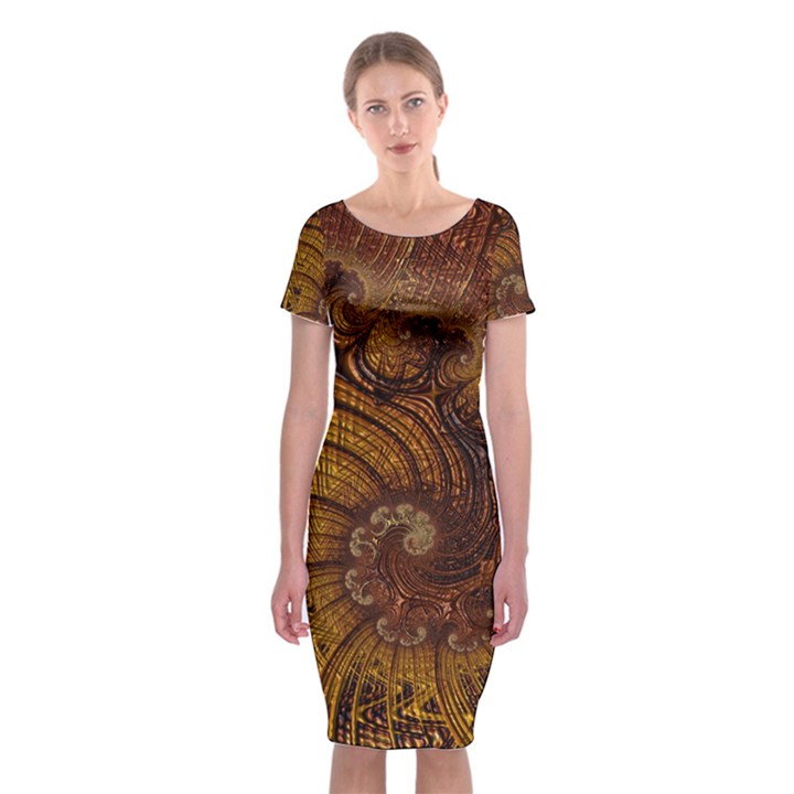 Copper Caramel Swirls Abstract Art Classic Short Sleeve Midi Dress