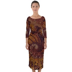 Copper Caramel Swirls Abstract Art Quarter Sleeve Midi Bodycon Dress