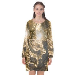 Gold Sea Coast Waves Depier Long Sleeve Chiffon Shift Dress  by Celenk