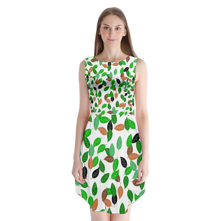 Leaves True Leaves Autumn Green Sleeveless Chiffon Dress  