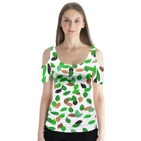 Leaves True Leaves Autumn Green Butterfly Sleeve Cutout Tee  by Celenk