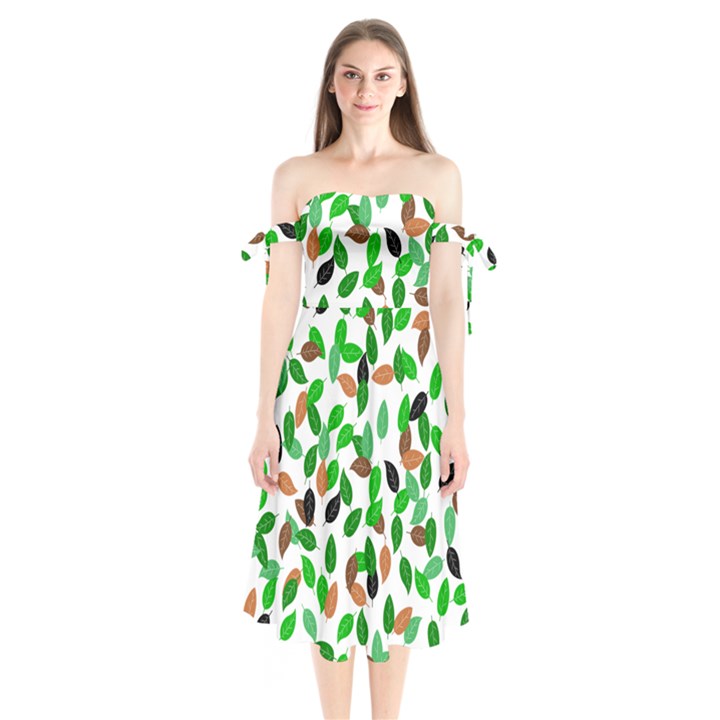 Leaves True Leaves Autumn Green Shoulder Tie Bardot Midi Dress