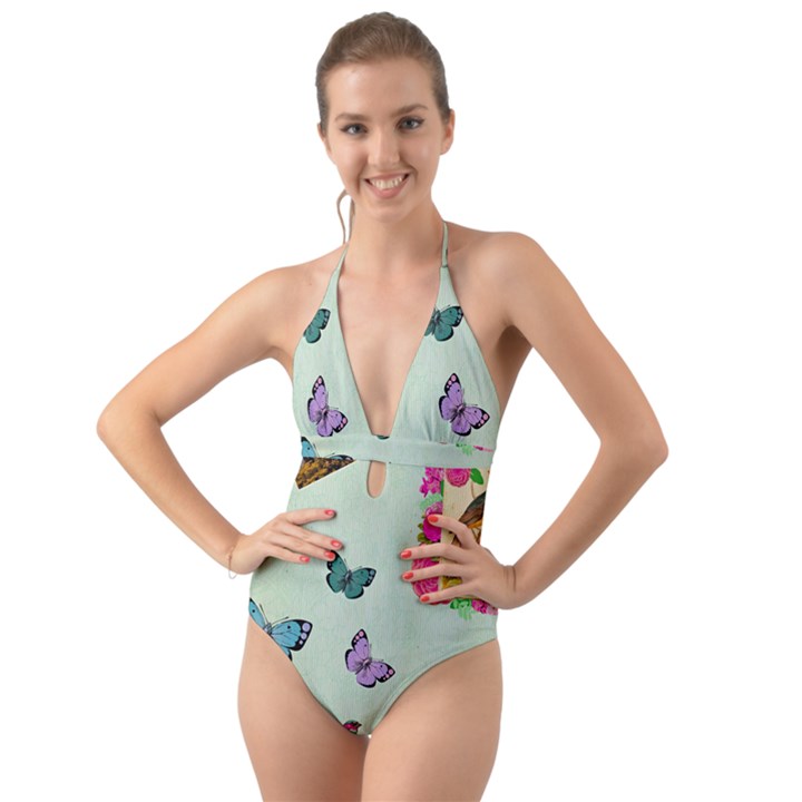 collage Halter Cut-Out One Piece Swimsuit