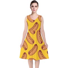 Hot Dog Seamless Pattern V-neck Midi Sleeveless Dress 