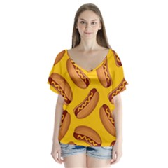 Hot Dog Seamless Pattern V-neck Flutter Sleeve Top by Celenk