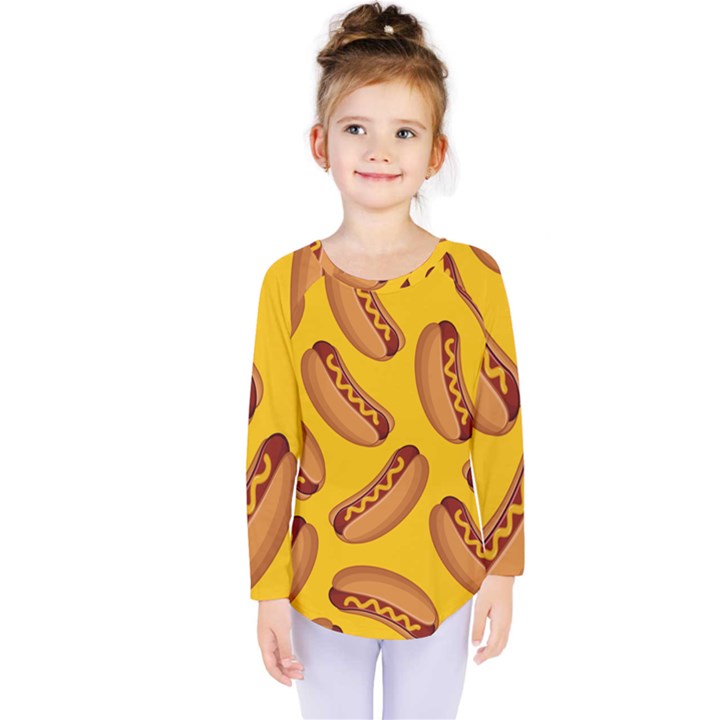 Hot Dog Seamless Pattern Kids  Long Sleeve Tee