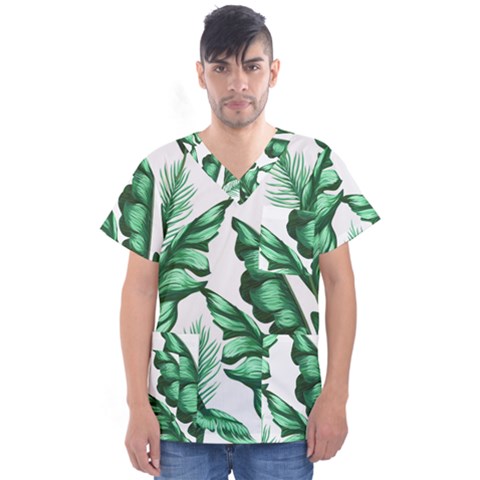 Banana Leaves And Fruit Isolated With Four Pattern Men s V-neck Scrub Top by Celenk