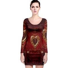 Wonderful Hearts With Floral Elemetns, Gold, Red Long Sleeve Bodycon Dress by FantasyWorld7