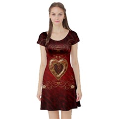 Wonderful Hearts With Floral Elemetns, Gold, Red Short Sleeve Skater Dress by FantasyWorld7