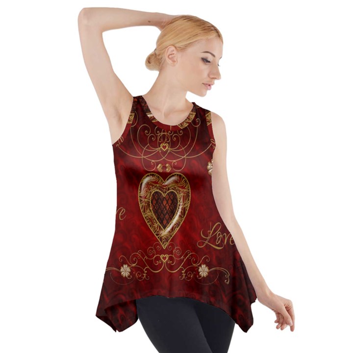 Wonderful Hearts With Floral Elemetns, Gold, Red Side Drop Tank Tunic