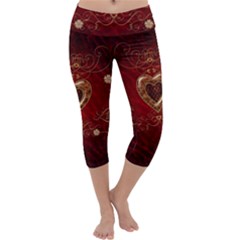 Wonderful Hearts With Floral Elemetns, Gold, Red Capri Yoga Leggings by FantasyWorld7