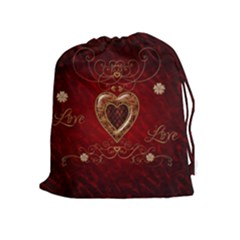 Wonderful Hearts With Floral Elemetns, Gold, Red Drawstring Pouches (extra Large) by FantasyWorld7