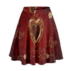 Wonderful Hearts With Floral Elemetns, Gold, Red High Waist Skirt by FantasyWorld7