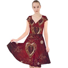 Wonderful Hearts With Floral Elemetns, Gold, Red Cap Sleeve Front Wrap Midi Dress by FantasyWorld7