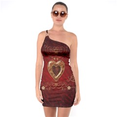 Wonderful Hearts With Floral Elemetns, Gold, Red One Soulder Bodycon Dress by FantasyWorld7