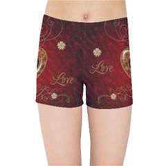 Wonderful Hearts With Floral Elemetns, Gold, Red Kids Sports Shorts by FantasyWorld7