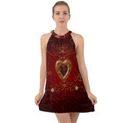 Wonderful Hearts With Floral Elemetns, Gold, Red Halter Tie Back Chiffon Dress by FantasyWorld7